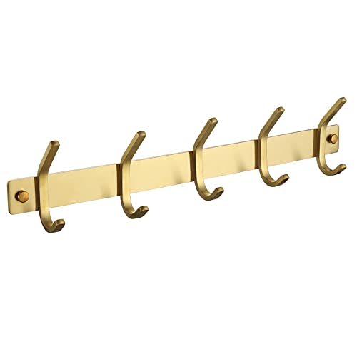 Estrend Coat Rack Wall Mount Stainless Steel Hook Rail Heavy Duty Metal Coat Hanger With 5 Double Hooks For Bathroom, Kitchen, Entryway, Brushed Gold #TOP6