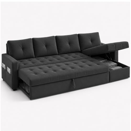 Image of FURNY Virsa 6 Person Seating RHS L Shape Sofawith Pull Out Bed & Storage Lounger | Premium Soft Velvet Suede Fabric | Comfort Cushions | Ideal for Living Room, Hotel & Office (Dark Grey)