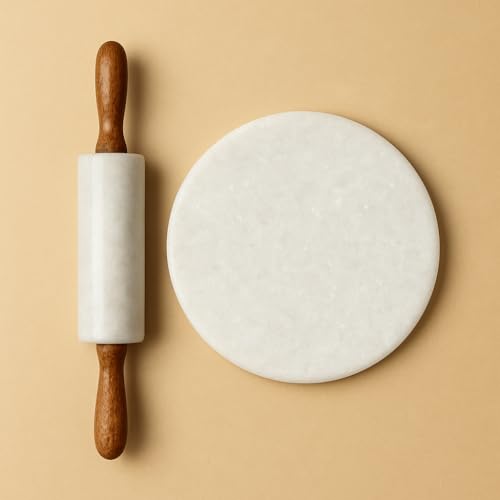 Image of White Marble Chakla Belan Set | 9 Inch Marble Chapati Board /Chapati Board & 12 Inch Belan| Traditional White Marbles Chakla for Kitchen Roti Making
