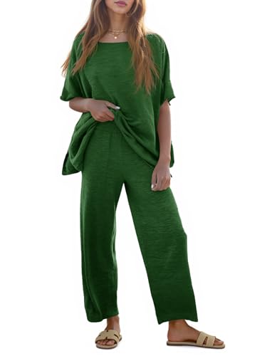 Tankaneo Women's 2 Piece Travel Outfits Casual Short Sleeve Knit Sweater Set Wide Leg Pants Lounge Sets Tracksuit