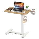Giantex Mobile Standing Desk, Height Adjustable Overbed Bedside Table w/Cup Holder, Pneumatic Rolling Laptop Desk w/Hidden Wheels, Sofa Side Table for Living Room Bedroom Study (Natural + White)