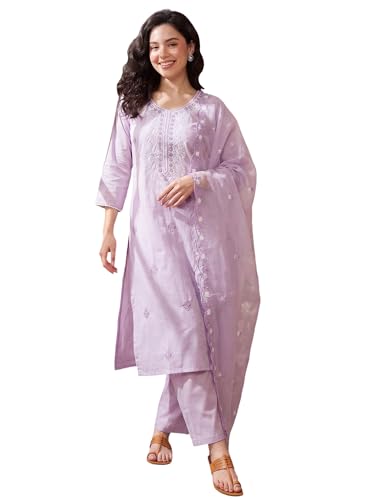 Image of INDO ERA Women's Silk Blend Embroidered Thread Work Kurta & Pant with Dupatta Set | Suit Set For Women