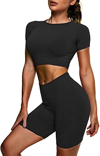 GXIN Yoga pour femmes 2 pièces tenue sans couture extensible entraînement course à manches courtes haut court taille haute sport Shorts ensembles (M, Le noir) Cover