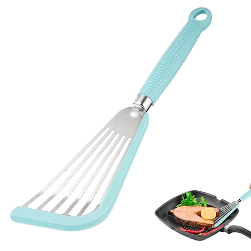 Stainless Steel Fish Turner - 13 inch Silicone Edge Spatula for Nonstick Cookware, Heat-Resistant, Blue