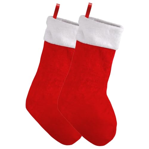 Christmas Stockings Red and White Plush Velvet–Fireplace Hanging Stockings for Christmas Decoration–Perfect for Filling with Gifts and Adding Festive Cheer to Your Home 18 Inch 2 Pack