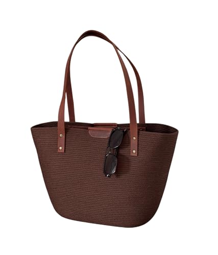 Brown Woven Tote Bag for Women with Genuine Leather Straps,