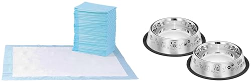 Image of AmazonBasics Pet Training Pads Extra-Large - 60 Pieces & Amazon Basics Stainless Steel Printed Pet Bowl, 700ml Pack of 2