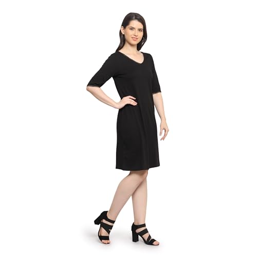 Image of Frenchtrendz Women's Cotton and Back Lace Designer V-Neck A-Line Knee Length Dress