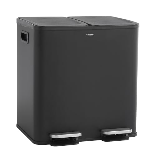 CASABEL Doppel-Küchenmülleimer 2x15L aus Edelstahl fingerabdruckresistent luftdichte Deckel mit Fußpedal ideal für Recycling in Küche Bad oder Büro - Schwarz