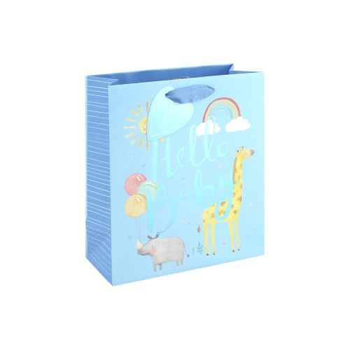 Eurowrap Hello Baby Boy Blue Medium Gift Bag with Foil Detail Ribbon Handle and Gift Tag New Baby Boy Present for Baby Shower and New Parents