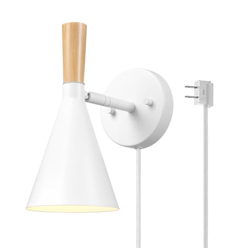 Image of Globe Electric 65000147 1-Light Plug-in or Hardwire Wall Sconce, Matte White, Light Wood-Toned On /Off Rotary Switch on Pivoting Shade, 6ft White Braided Fabric Cord, Wall Lights for Living Room