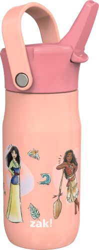 Image of Zak Designs Harmony Disney Princess Kid Water Bottle for Travel or At Home, 14oz Recycled Stainless Steel is Leak-Proof When Closed and Vacuum Insulated (Ariel, Mulan, Moana, Cinderella)