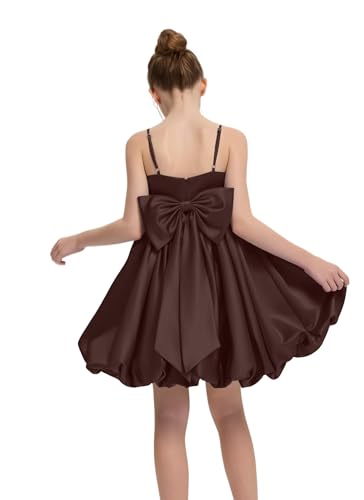 Spaghetti Straps Flower Girl Dress with Bow Satin Short Junior Bridesmaid Dress for Wedding Party Prom Gown for Kids
