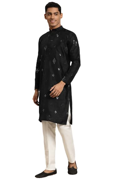 Image of SOJANYA (Since 1958 Men's Cotton Blend Navy Blue & Black Printed Kurta & White Churidar Pyjama Set