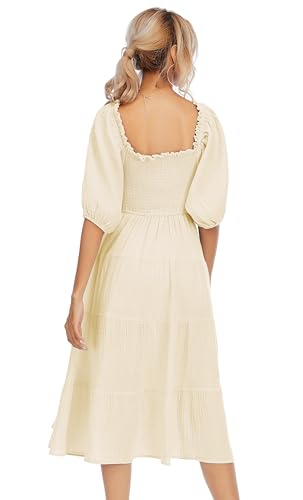 Image of R.Vivimos Women's Summer Cotton Lantern Sleeves Ruffled Off Shoulder A-Line Midi Dresses