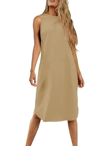 Image of Dyexces Summer Dress for Women Crew Neck Short Sleeve Solid Basic T-Shirts Casual Midi Dresses with Pocket