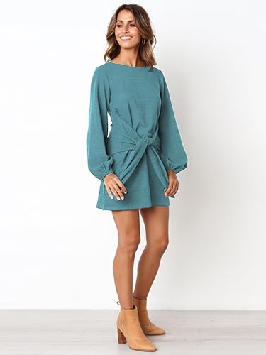 Image of PRETTYGARDEN Womens Spring Elegant Long Lantern Sleeve Short Dress Wedding Guest Crewneck Tie Waist Knit Cocktail Dresses