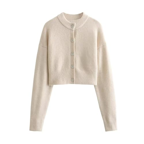 FindThy Women's Cropped Cardigan Sweater Crewneck Solid Color Long