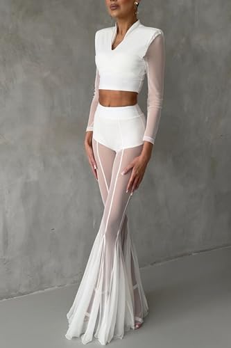 Women Sexy Black Floral Sheer Mesh Lace Flare Leg Pants Y2K High Waist See-Through Bell Bottoms2