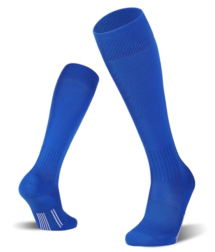 FITRELL 2/3 Pack Soccer Socks Baseball Softball For Youth Kids Boys Girls Over-The-Calf Football Socks for Adult Men Women Blue Small