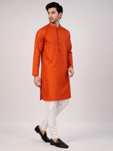 Image of LATEST CHIKAN Men's Silk Chikankari Kurta with Cream Churidar | Festive Set - KP Silk BANARSI