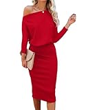 Ezbelle Women's Off Shoulder Long Sleeve Knit Bodycon Dress Casual Summer Party Loose Pencil Cocktail Fall Dress Ruched Red XL