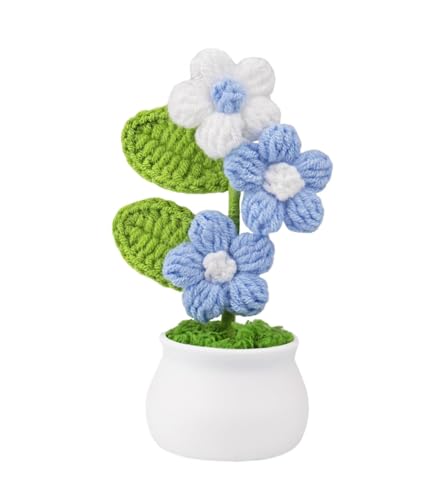 Image of VRB DecTM 1 Pcs Crochet Flowers Artificial Daisy for Office Desk Car Dashboard Decor,Home Decoration, Office, Bedroom, Christmas Decor, Wedding,Diwali (Triple Blue Daisy with Pot)