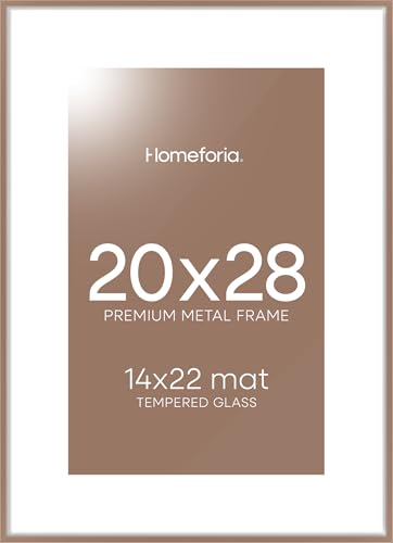 Image of Homeforia 20 x 28 Picture Frame Mocha, High End Metal 20x28 Poster Frames with Mat 14x22 for Photo, 20 x 28 Mocha Frame Matted to 14 x 22 Print, 28x20 Hanging Frame, Tempered Glass, Wall Kit, Set of 1