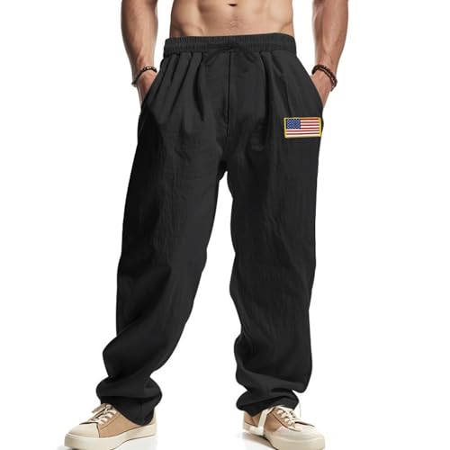 Mens Linen Pants Wide Leg Elastic Waist Medium Waist Summer Casual Yoga Loose Drawstring Sweatpants with Pockets