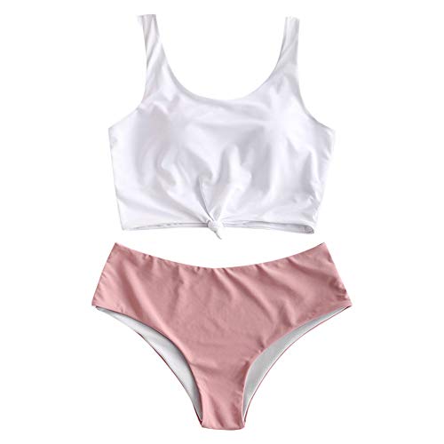 ZAFUL Women's Scoop Neck Tropical Leaf Knotted Two Pieces Tankini Set Swimsuit (Light Pink, S)