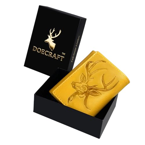 Image of Men's Genuine Leather RFID Wallet | Premium Slim Red Wallet for Men with Deer 3D Print | 8 Card Slots Secure and Durable | Casual Stylish | Formal & Gifting Use, Golden (Yellow)