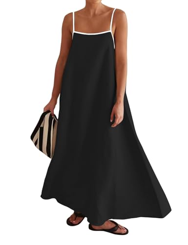 Image of Womens Summer Linen Maxi Dress Contrast Trim Spaghetti Straps Backless Sleeveless Long Flowy Dresses