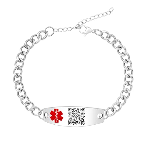 Image of Uloveido Custom Engraved QR Code Emergency Contact Bracelet – Stainless Steel Curb Link Medical Identification with Health Info for Women and Men YA5948
