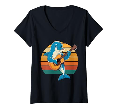 Mujer Delfín Tocando Guitarra Vintage Guitarrista Retro Rock Camiseta Cuello V