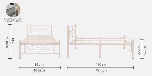 Image of Luno Metal Extra Single Size Bed Without Storage | Wrought Iron Single Bed with Headboard & Footboard| Sturdy Powder Coated Platform Cot for Bedroom (Luno Ivory)