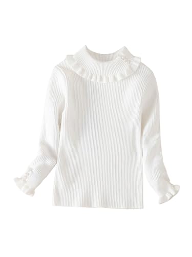 SweatyRocks Girl's Ruffle Turtleneck Sweater Pearls Long Sleeve Ribbed Knit Pullovers Tops