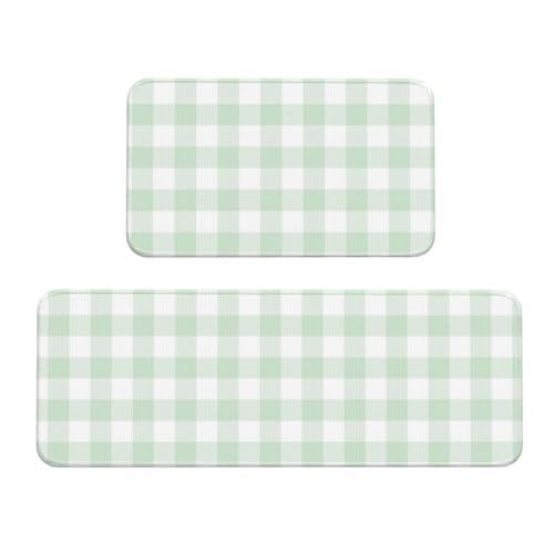 GVYGVY Antifatigue Kitchen Mats for Floor 2 Piece - Light Green White Checkered Print Kitchen Rugs Washable, Non Slip Runner Rug Standing Mat for Office/Bathroom/Laundry/Home Decor and Accessories