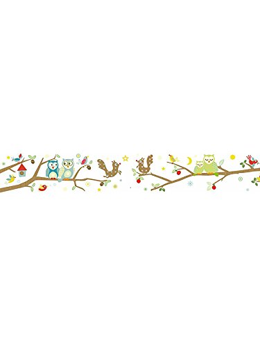 anna wand Bordüre selbstklebend FUNNY FOREST - Wandbordüre Kinderzimmer/Babyzimmer mit Eulen und Vögeln - Wandtattoo Schlafzimmer Mädchen & Junge, Wanddeko Baby/Kinder
