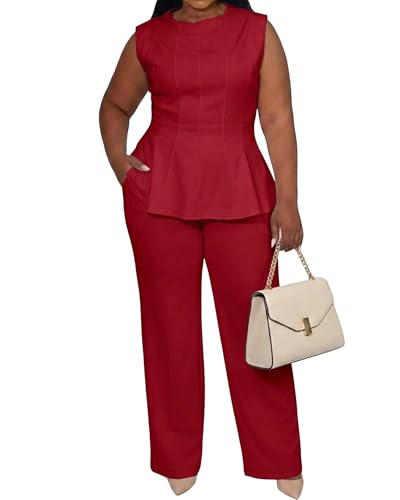 Women 2 Piece Outfits Pantsuit Dressy Casual Elegant Office Party Matching Lounge Sets Pant Suits Red 4X