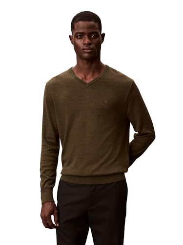 Calvin Klein Men's Extra Fine Merino Wool Blend V-Neck Sweater Dusty Olive