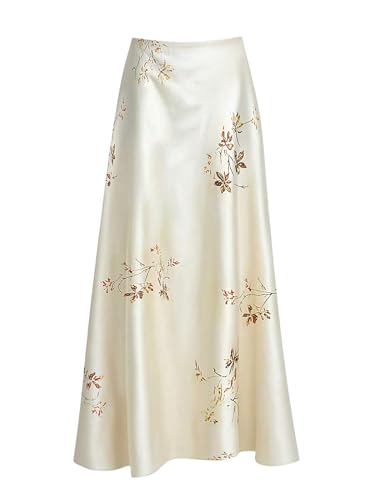 WDIRARA Women's Plus Size Floral Satin Long Skirt Flared A Line Maxi Skirts