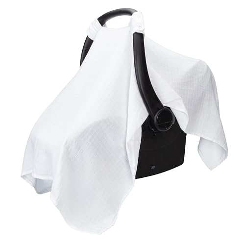 Image of Muslin Cotton Baby Car Seat Cover, Universal Fit Carseat Canopy Covers for Babies, Girls and Boys by Comfy Cubs (White)