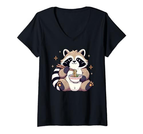 Womens Raccoon Lover Japanese Food Kawaii Racoon Eats Ramen Noodles V-Neck T-Shirt