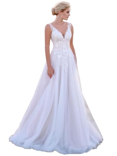 JAEDEN Damen Spitze Brautkleider Lang Hochzeitskleider Boho Standesamtkleider Brautmode Elfenbein 40