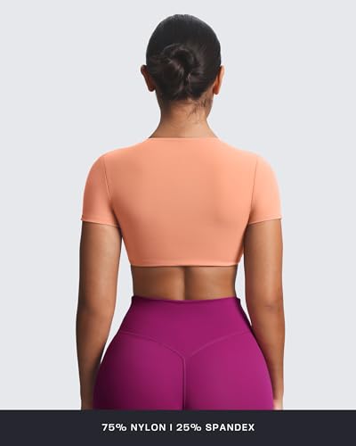Image of Aoxjox Short Sleeve Crop Tops for Women Sienna Twist Deep V Workout Cropped T Shirt Top (Papaya, Small)