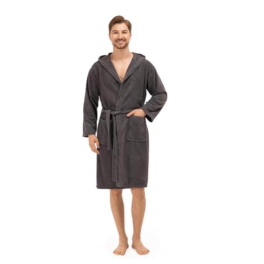 Twinzen - Albonoz Hombre Ducha - M - Gris Oscuro - 100% Algodón Certificado Oeko Tex - Bata Hombre con Capucha, 2 Bolsillos y Cinturón