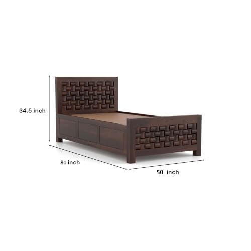 Image of Sheesham Wood Single Size Bed with Storage Box | Wooden Cot for Bedroom | Premium Niwar Design Headboard Bed for Living Room | Walnut Finish