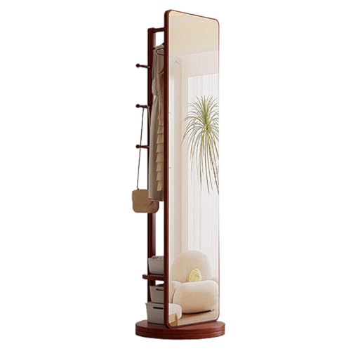 Espejo giratorio de 360° de longitud completa con perchero y 6 estantes de almacenamiento, espejo de piso de madera maciza para dormitorio y sala de estar, diseño funcional elegante