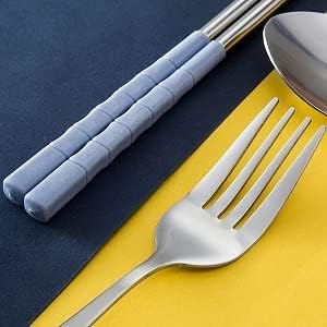 Image of Favria 3 Piece Stainless Steel Spoon,Fork and Chopstick Portable Travel Spoon Box Anti Slip Cutlery Set for Office Lunch Box,Travel, School,Picnics,Camping and Outdoor Home Utensil Set (Blue)