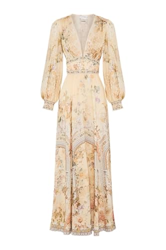 Women's Long Puff Sleeve V-Neck Summer Vintage Pastoral Flower Dresses for Beach Party Vacation